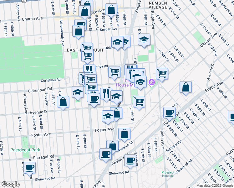 map of restaurants, bars, coffee shops, grocery stores, and more near 586 East 54th Street in Brooklyn