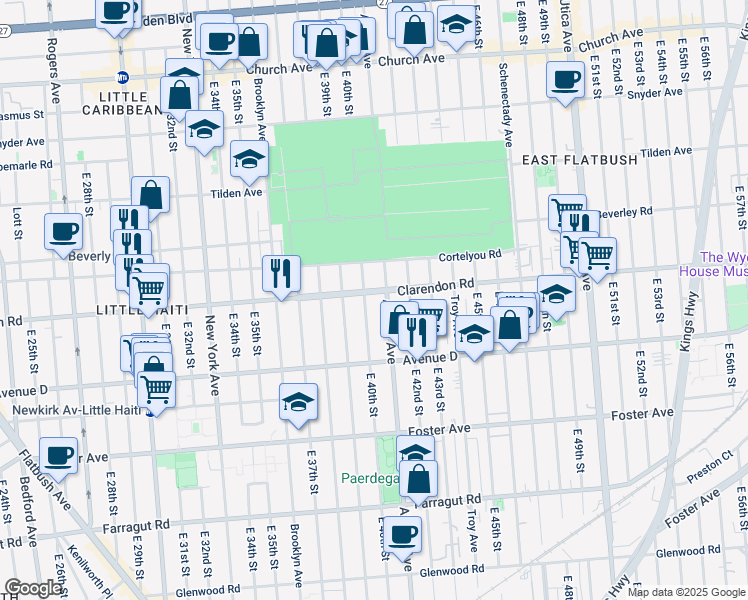 map of restaurants, bars, coffee shops, grocery stores, and more near 3919 Clarendon Road in Brooklyn