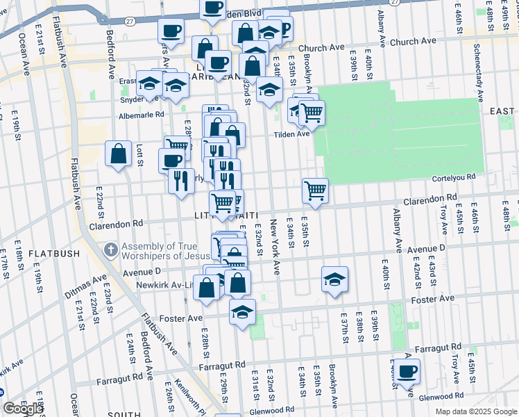 map of restaurants, bars, coffee shops, grocery stores, and more near 274 East 32nd Street in Brooklyn