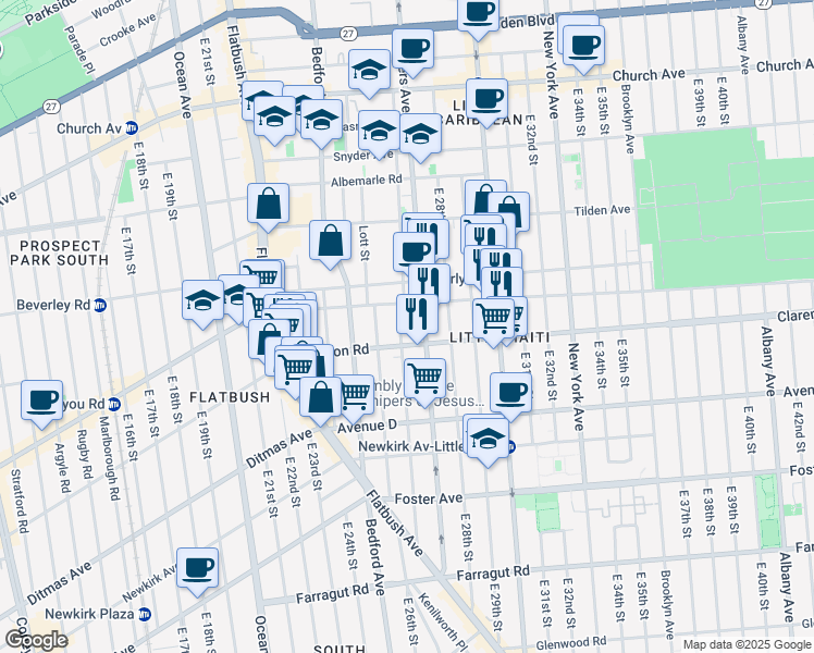 map of restaurants, bars, coffee shops, grocery stores, and more near 2516 Cortelyou Road in Brooklyn
