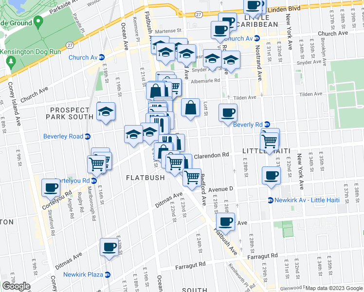 map of restaurants, bars, coffee shops, grocery stores, and more near 2216 Cortelyou Road in Brooklyn