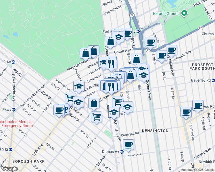 map of restaurants, bars, coffee shops, grocery stores, and more near 412 McDonald Avenue in Brooklyn
