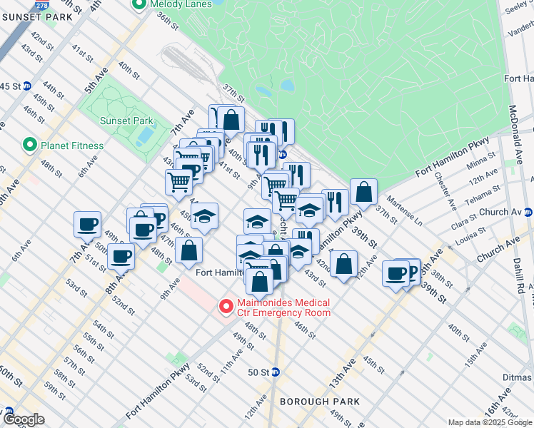 map of restaurants, bars, coffee shops, grocery stores, and more near 952 41st Street in Brooklyn