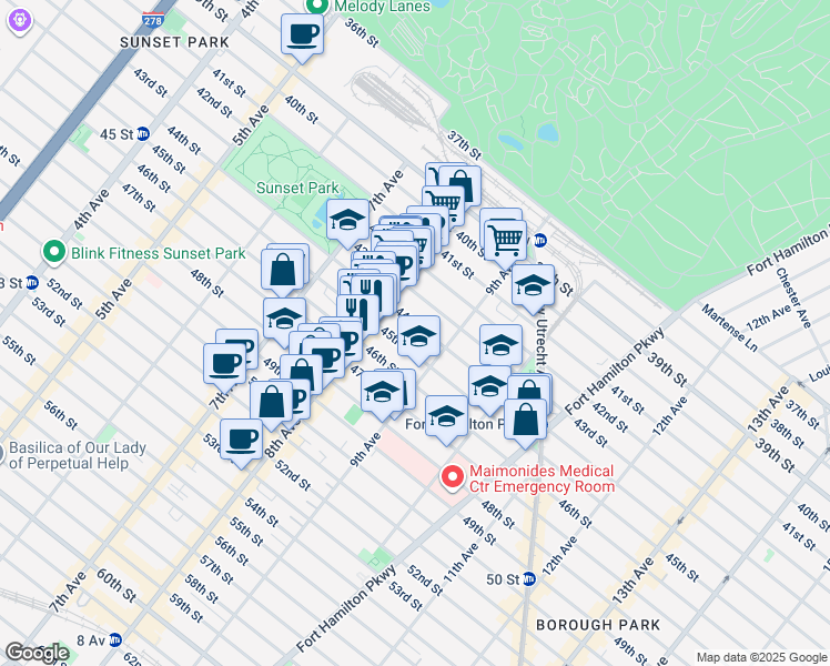 map of restaurants, bars, coffee shops, grocery stores, and more near 832 44th Street in Brooklyn