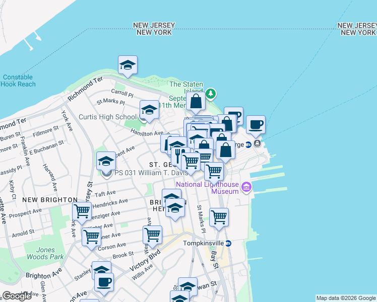 map of restaurants, bars, coffee shops, grocery stores, and more near 34 Academy Place in Staten Island
