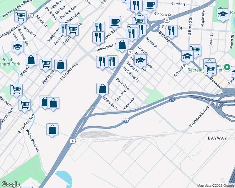 map of restaurants, bars, coffee shops, grocery stores, and more near 706 Worth Avenue in Linden