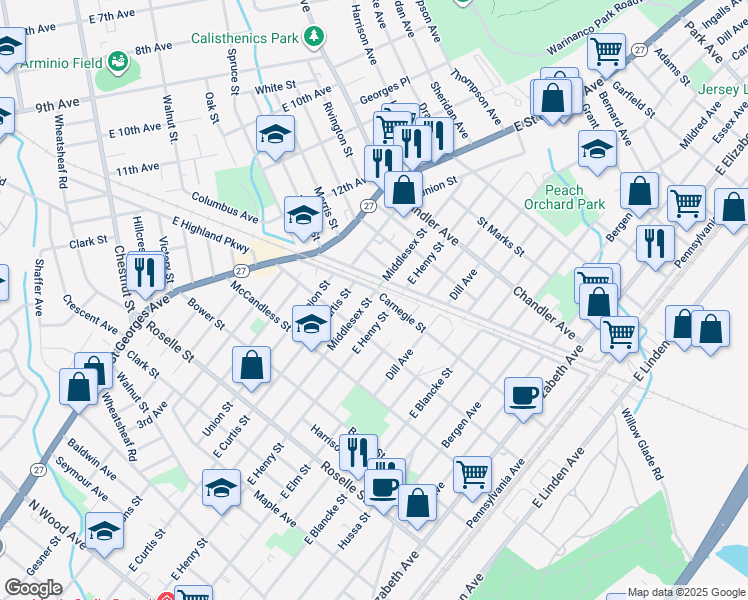 map of restaurants, bars, coffee shops, grocery stores, and more near 1100 Middlesex Street in Linden