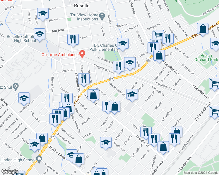 map of restaurants, bars, coffee shops, grocery stores, and more near 1412 McCandless Street in Linden
