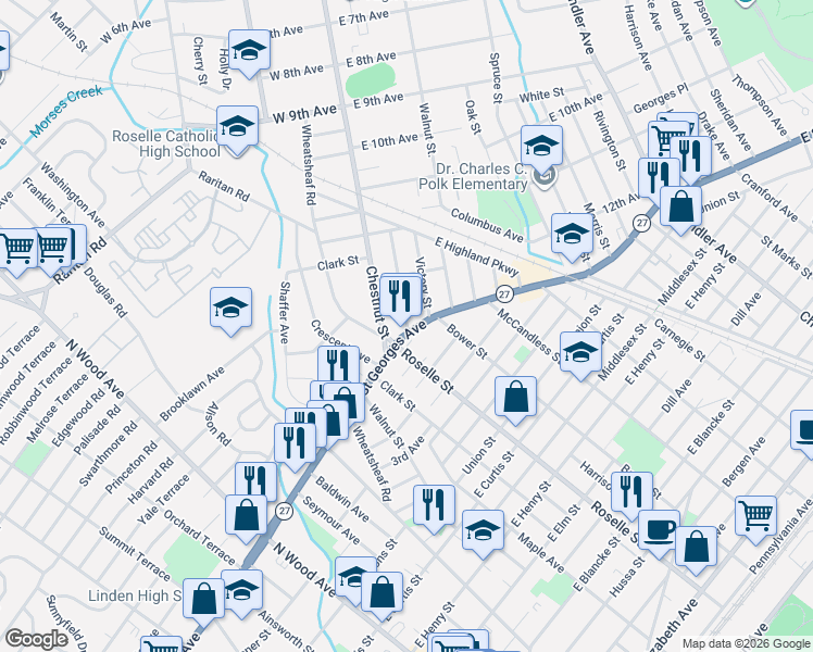 map of restaurants, bars, coffee shops, grocery stores, and more near 230 Hillcrest Terrace in Roselle