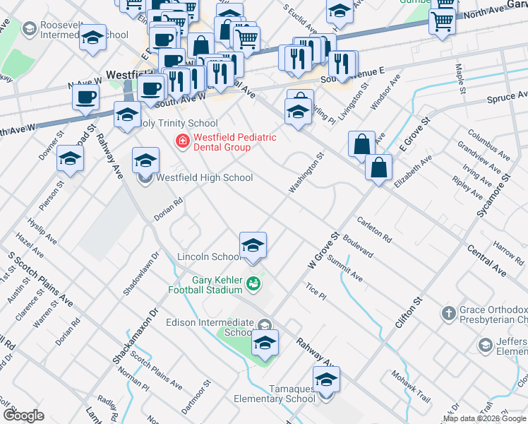 map of restaurants, bars, coffee shops, grocery stores, and more near 314 Washington Street in Westfield