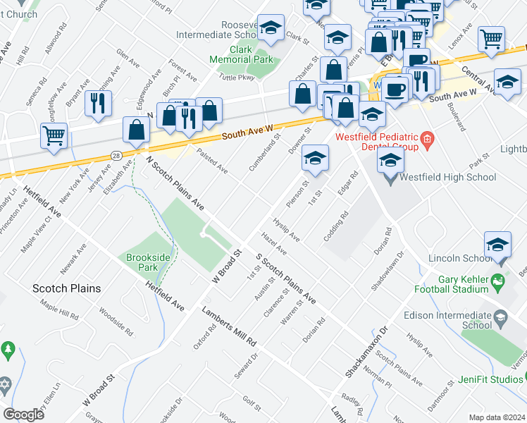 map of restaurants, bars, coffee shops, grocery stores, and more near 558 West Broad Street in Westfield