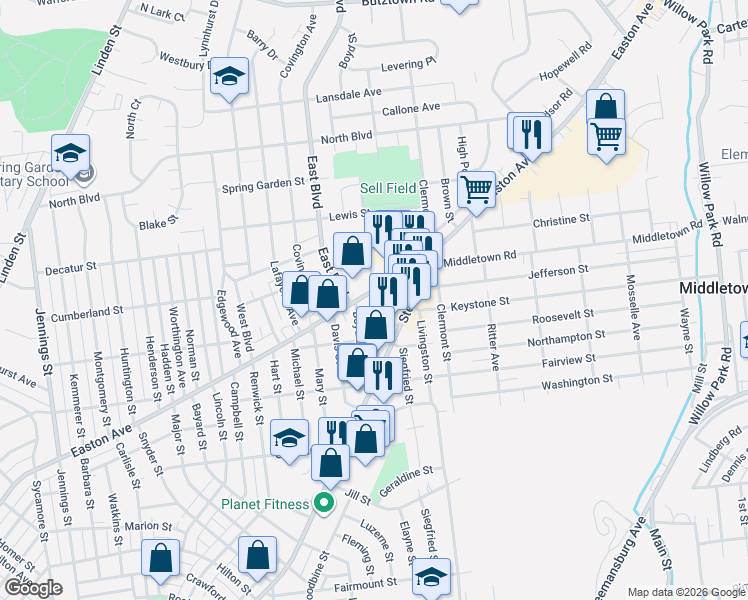 map of restaurants, bars, coffee shops, grocery stores, and more near 2525 Easton Avenue in Bethlehem