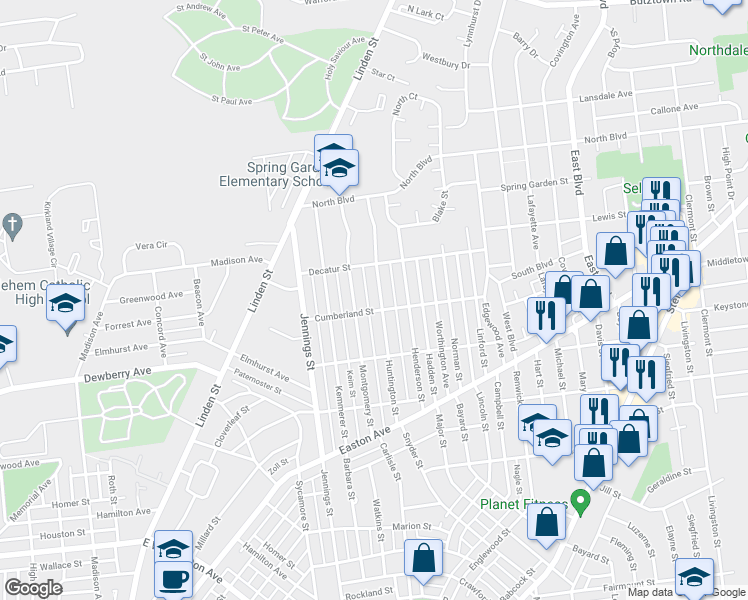 map of restaurants, bars, coffee shops, grocery stores, and more near 2209 Huntington Street in Bethlehem