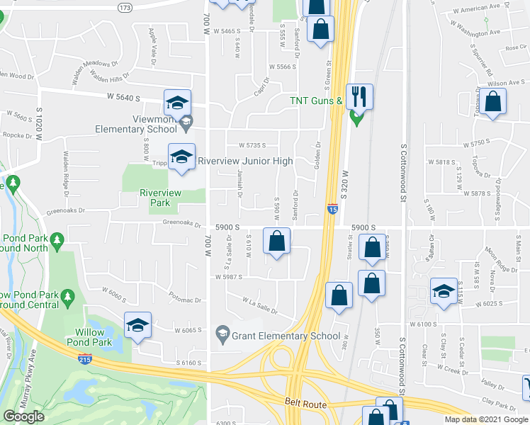 map of restaurants, bars, coffee shops, grocery stores, and more near 607 West 5850 South in Murray