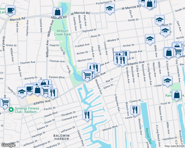 map of restaurants, bars, coffee shops, grocery stores, and more near 23 Westend Avenue in Freeport