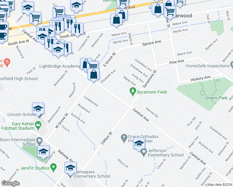 map of restaurants, bars, coffee shops, grocery stores, and more near 995 Central Avenue in Westfield