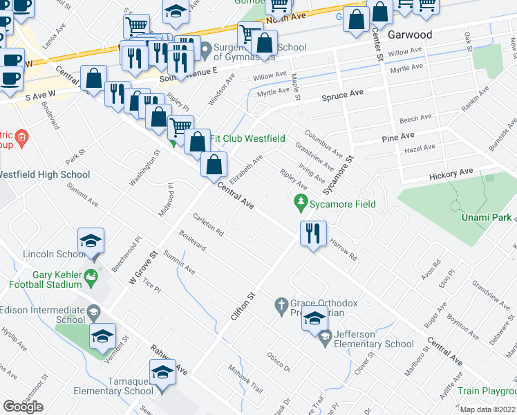 map of restaurants, bars, coffee shops, grocery stores, and more near 111 Laurel Pl in Westfield