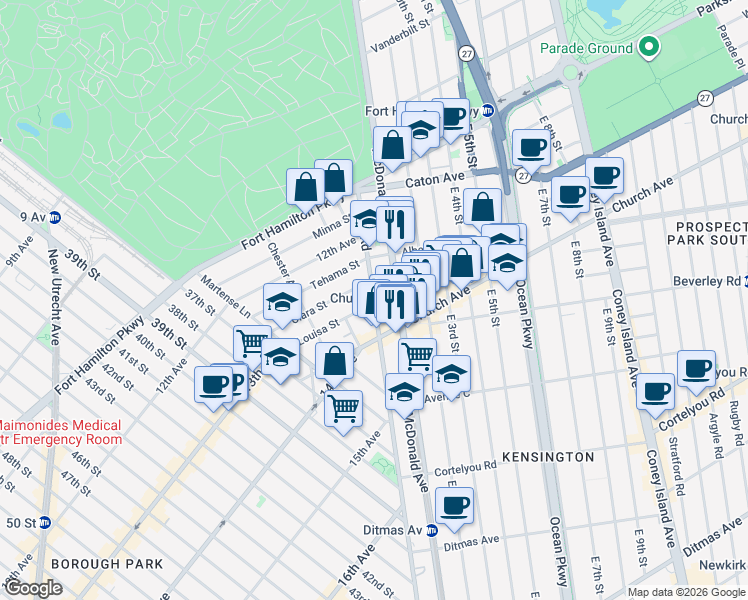 map of restaurants, bars, coffee shops, grocery stores, and more near 412 McDonald Avenue in Brooklyn