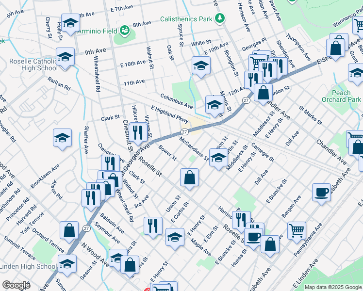 map of restaurants, bars, coffee shops, grocery stores, and more near 1412 McCandless Street in Linden