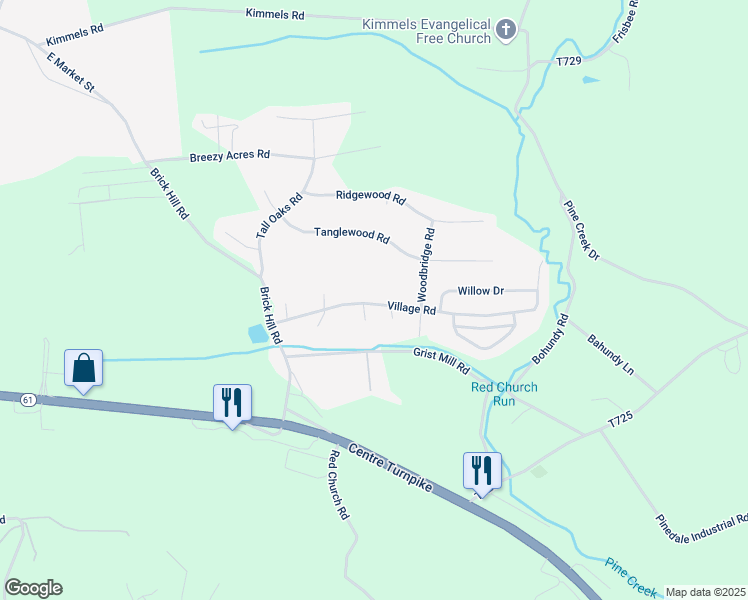 map of restaurants, bars, coffee shops, grocery stores, and more near 2604 Village Road in Orwigsburg
