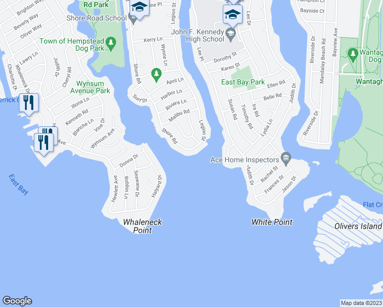 map of restaurants, bars, coffee shops, grocery stores, and more near 3156 Shore Road in Bellmore