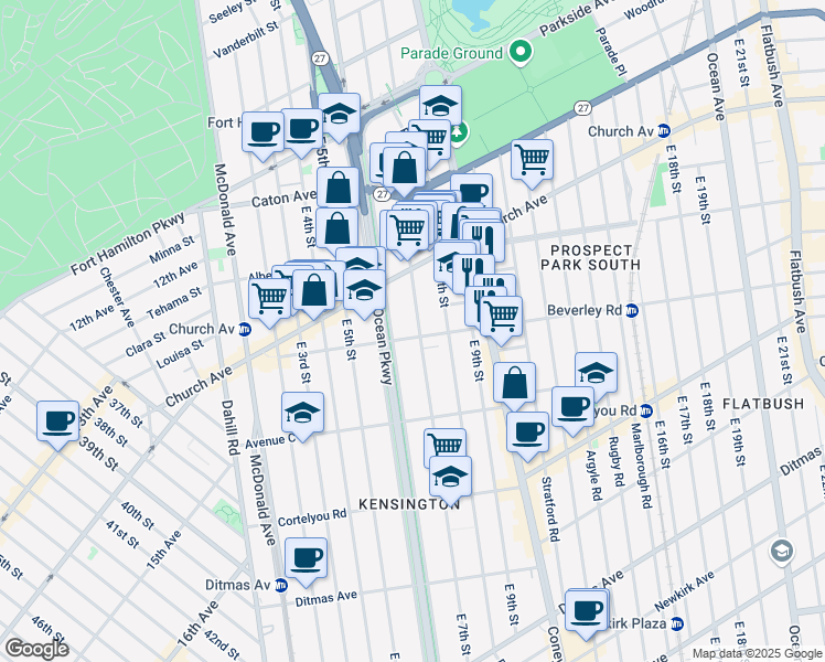 map of restaurants, bars, coffee shops, grocery stores, and more near 621 Beverley Road in Brooklyn