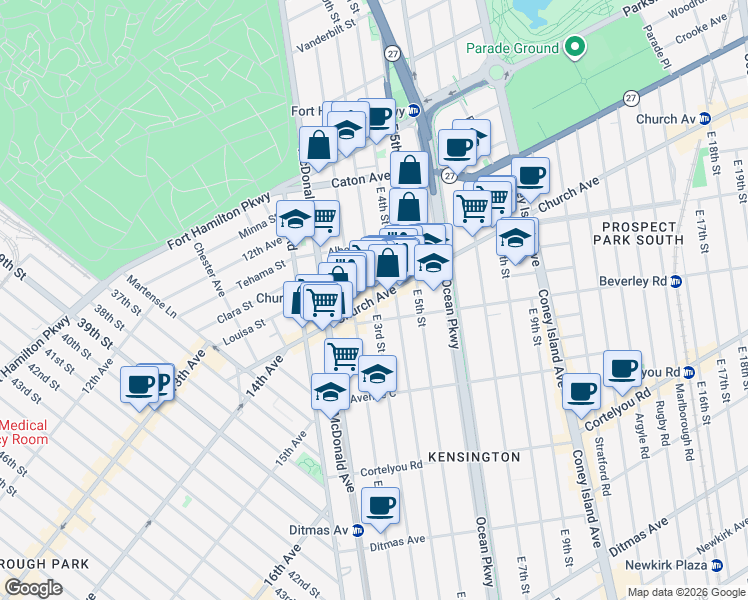 map of restaurants, bars, coffee shops, grocery stores, and more near Church Avenue & East 3rd Street in Brooklyn