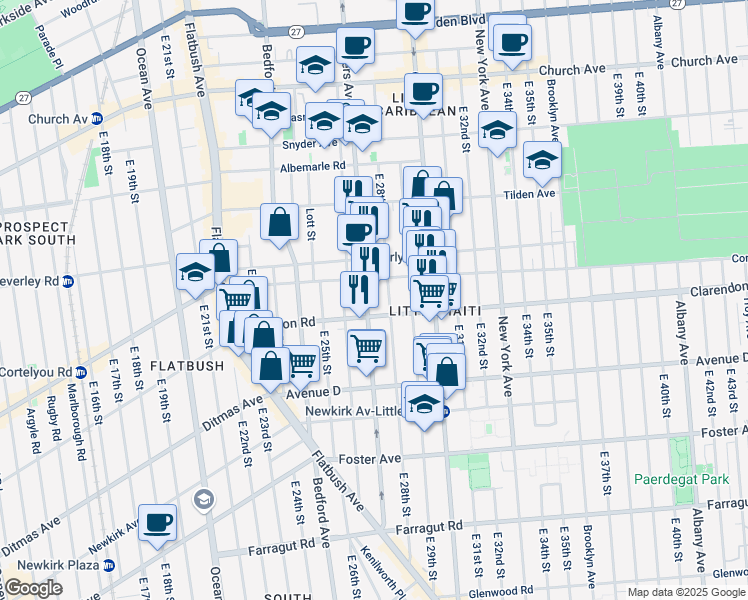 map of restaurants, bars, coffee shops, grocery stores, and more near 1069 Rogers Avenue in Brooklyn
