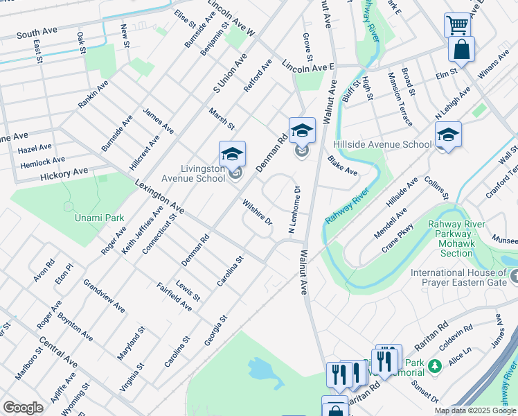 map of restaurants, bars, coffee shops, grocery stores, and more near 48 Lenhome Drive in Cranford