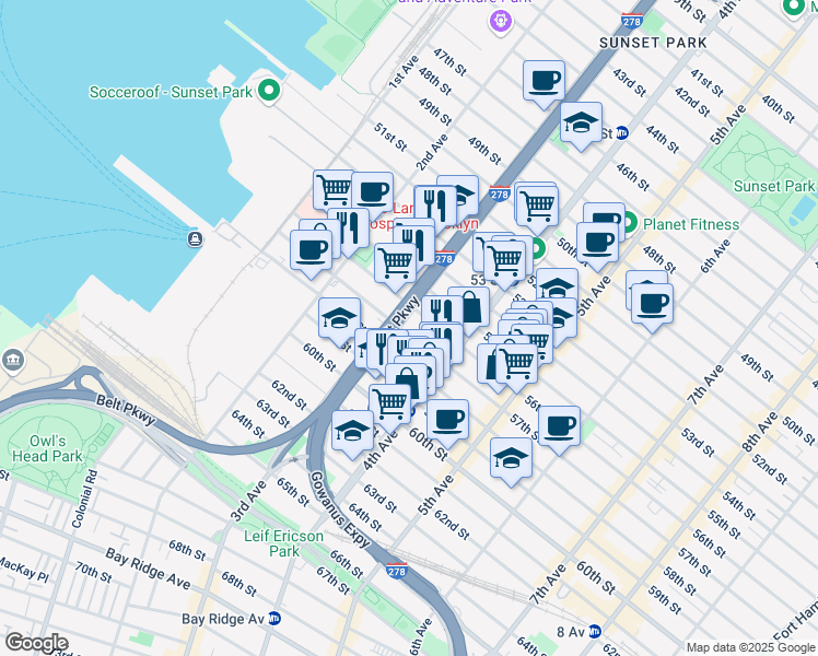 map of restaurants, bars, coffee shops, grocery stores, and more near 319 57th Street in Brooklyn