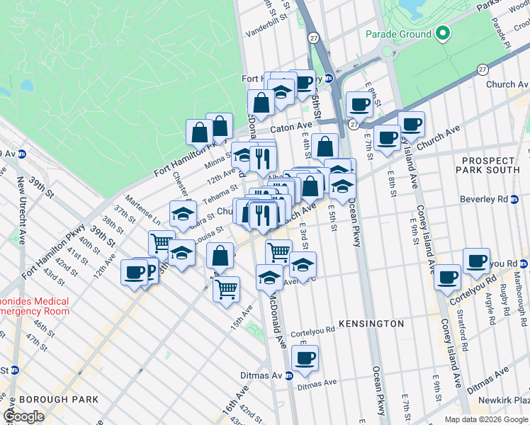 map of restaurants, bars, coffee shops, grocery stores, and more near 421 McDonald Avenue in Brooklyn