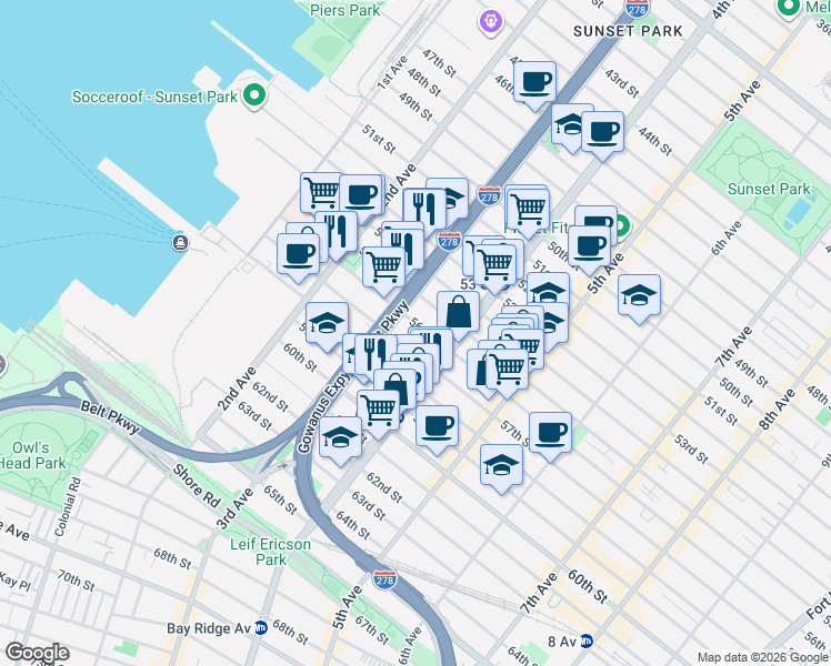 map of restaurants, bars, coffee shops, grocery stores, and more near 323 56th Street in Brooklyn