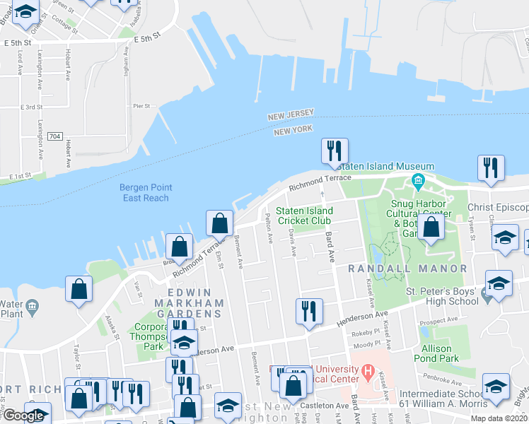 map of restaurants, bars, coffee shops, grocery stores, and more near 1262 Richmond Terrace in Staten Island