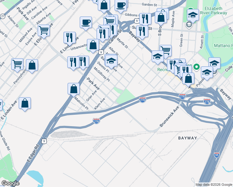 map of restaurants, bars, coffee shops, grocery stores, and more near 931 Mc Gillvray Place in Linden
