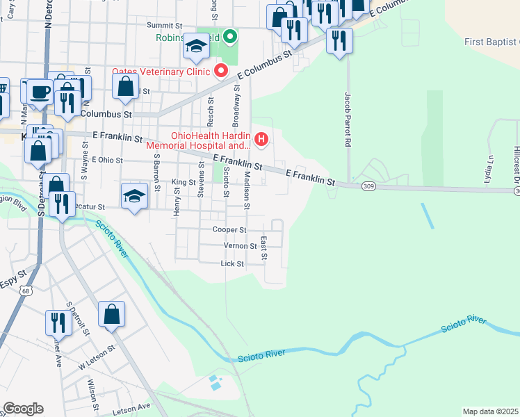 map of restaurants, bars, coffee shops, grocery stores, and more near 409 Madison Street in Kenton