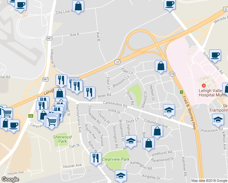 map of restaurants, bars, coffee shops, grocery stores, and more near 2166 Aster Road in Bethlehem