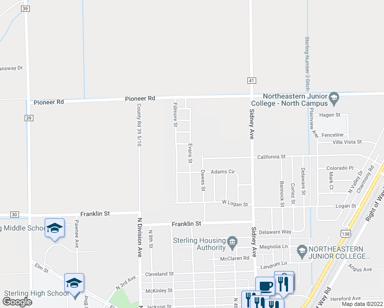 map of restaurants, bars, coffee shops, grocery stores, and more near 1528 Evans Street in Sterling