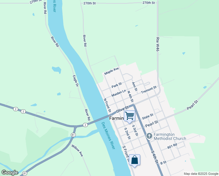 map of restaurants, bars, coffee shops, grocery stores, and more near 500 North 2nd Street in Farmington