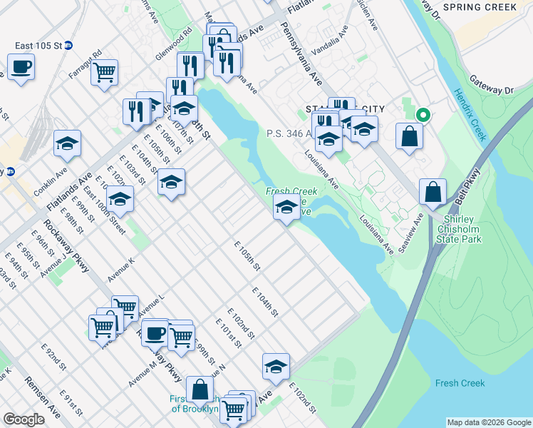 map of restaurants, bars, coffee shops, grocery stores, and more near 10578 Avenue L in Brooklyn
