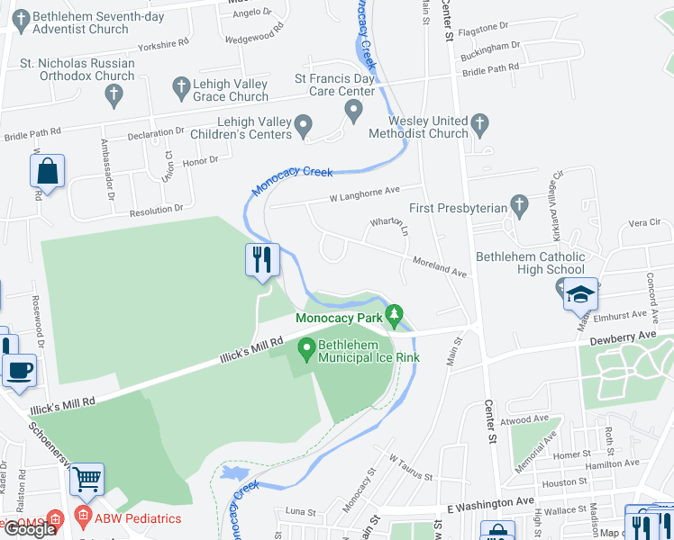 map of restaurants, bars, coffee shops, grocery stores, and more near 2339 Overlook Drive in Bethlehem
