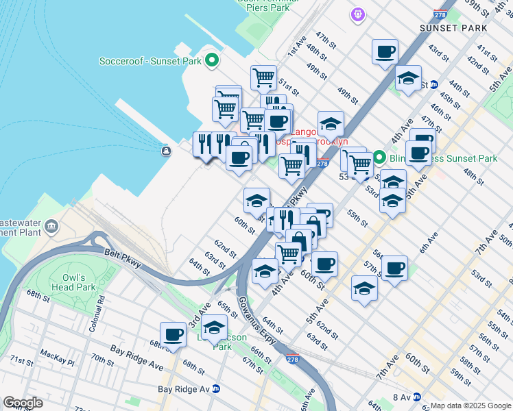 map of restaurants, bars, coffee shops, grocery stores, and more near 5801 2nd Avenue in Brooklyn