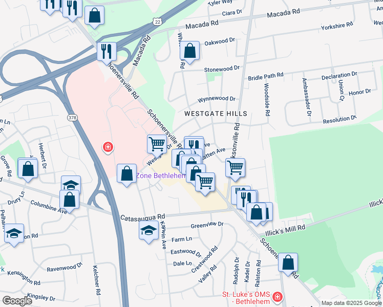 map of restaurants, bars, coffee shops, grocery stores, and more near 2414 Schoenersville Road in Bethlehem