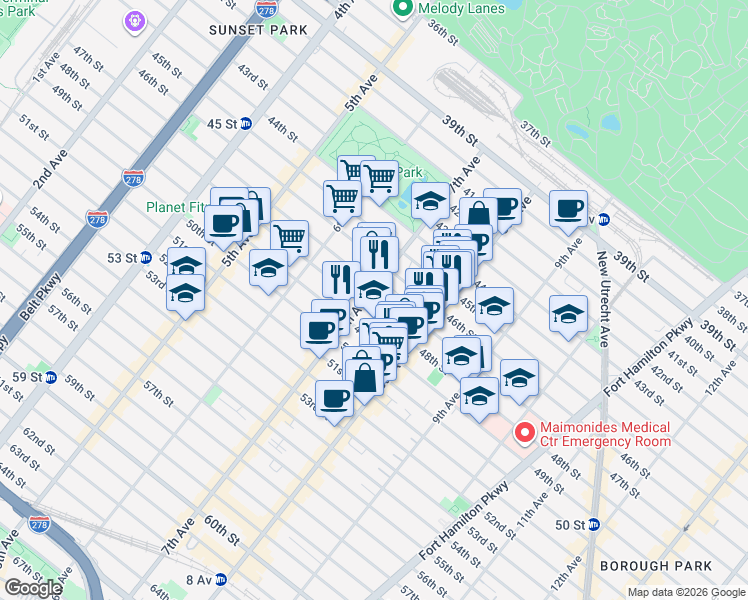 map of restaurants, bars, coffee shops, grocery stores, and more near 712 47th Street in Brooklyn