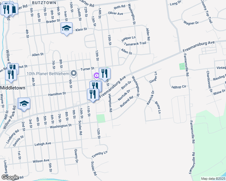 map of restaurants, bars, coffee shops, grocery stores, and more near 3932 Freemansburg Avenue in Bethlehem