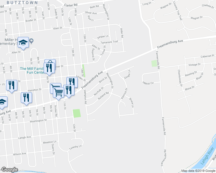 map of restaurants, bars, coffee shops, grocery stores, and more near 3952 Norfolk Drive in Bethlehem