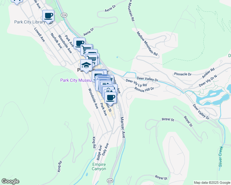 map of restaurants, bars, coffee shops, grocery stores, and more near 416 Ontario Avenue in Park City