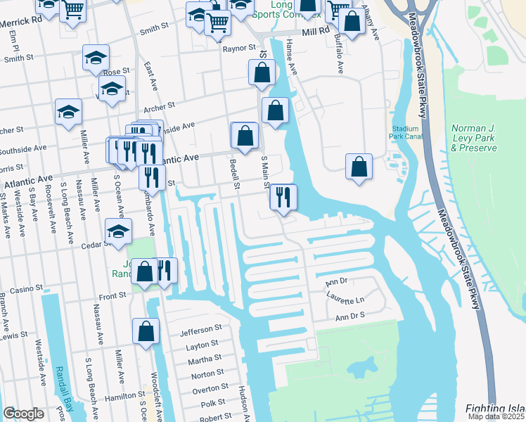 map of restaurants, bars, coffee shops, grocery stores, and more near 20 Laurel Road in Freeport