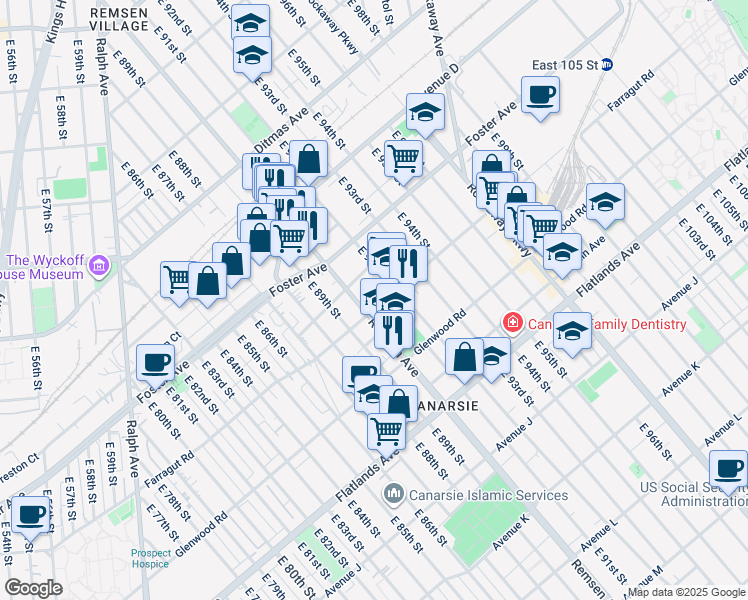 map of restaurants, bars, coffee shops, grocery stores, and more near 1023 Remsen Avenue in Brooklyn