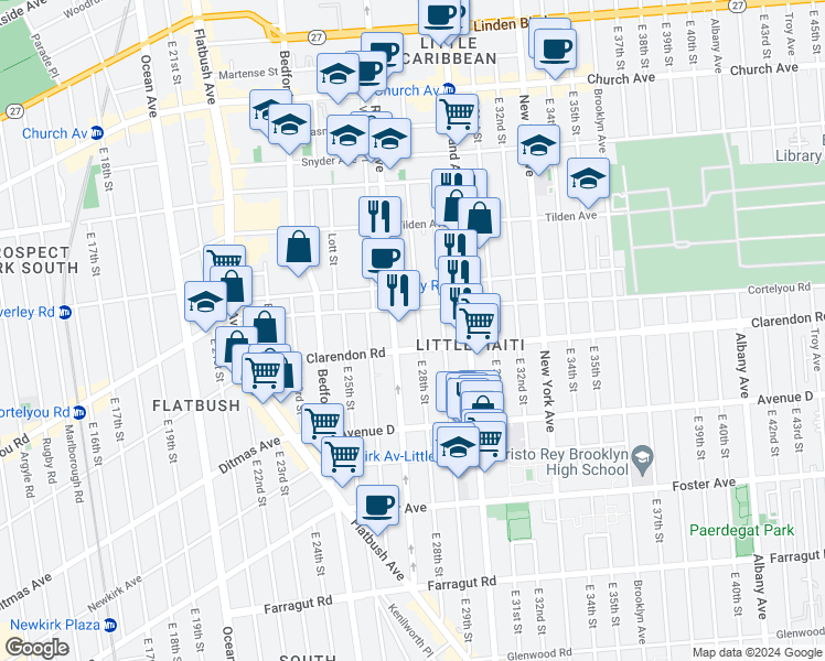 map of restaurants, bars, coffee shops, grocery stores, and more near 1069 Rogers Avenue in Brooklyn