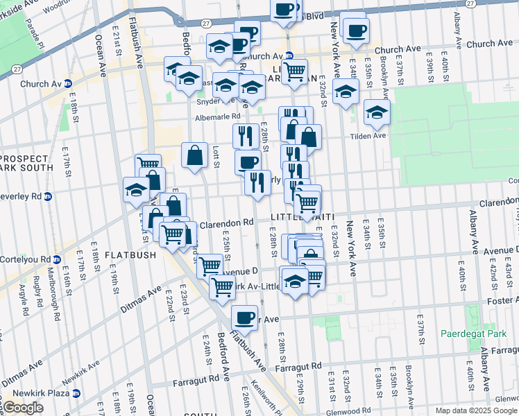 map of restaurants, bars, coffee shops, grocery stores, and more near 1069 Rogers Avenue in Brooklyn
